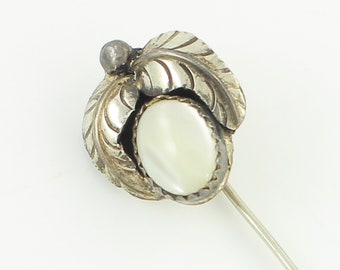 Silver Mother of Pearl Southwestern Stick Pin -  Feather Dew Drop 925 Sterling Mother of Pearl Brooch - Old Pawn Jewelry - Vintage Jewelry