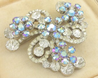 Verified DeLizza and Elster Juliana Blue Clear Rhinestone Swirl Brooch - Aurora Borealis Florets Atop Pin Wheel -circa 1960- Vintage Jewelry