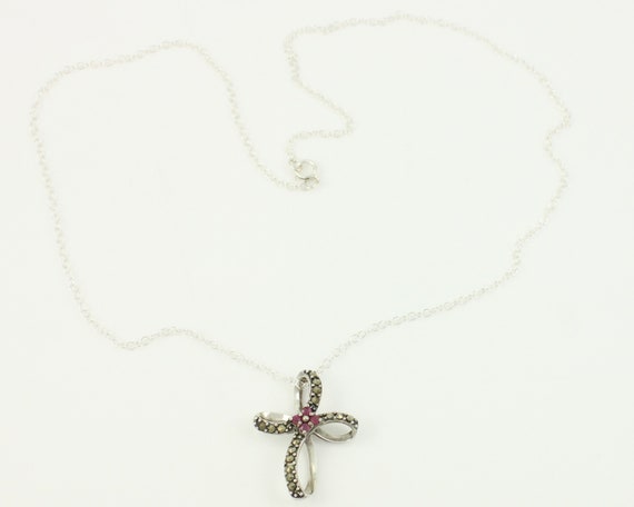 Vintage Ruby Marcasite Sterling Silver Cross Pend… - image 2