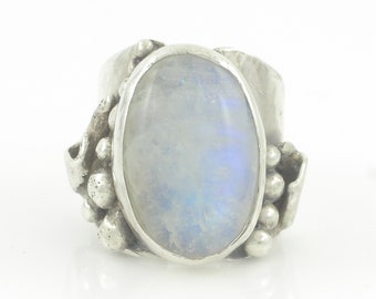 Vintage Rainbow Moonstone Sterling Marksz  Ring, Artisan Sterling Silver Rainbow Moonstone Ring Size 7.5, Marksz 925 Ring, Vintage Jewelry