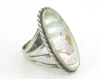 Oversized Vintage Abalone Sterling Silver Ring, Vintage Southwestern Sterling Abalone Ring, Elongated Abalone Silver Ring, Vintage Jewelry