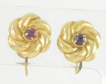 Vintage 10K Love Knot Earrings with Purple Glass Stones , 1940s 10K Yellow Gold Swirl Screw On Earrings, Vintage Jewelry, Estate Jewelry