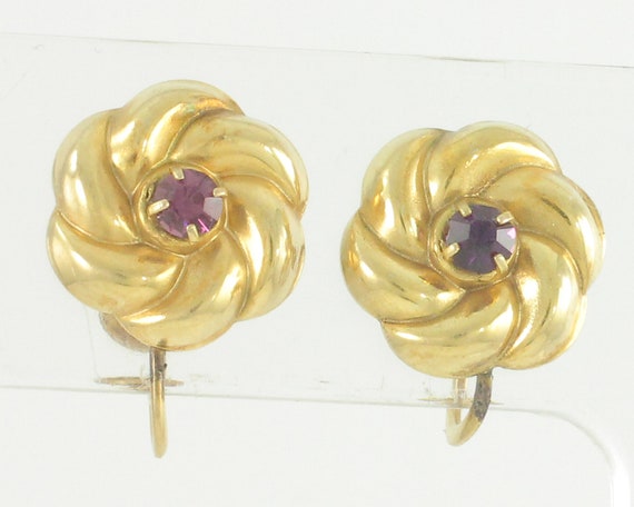 Vintage 10K Love Knot Earrings With Purple Glass Stones 1940s