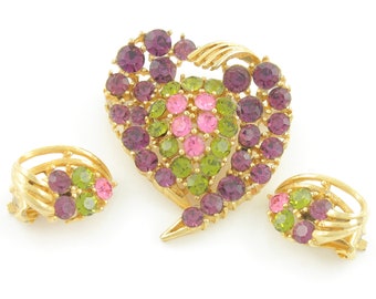 Vintage Purple Olive Pink Rhinestone Brooch Earring Set, Mid Century Modern Colorful Rhinestone Set, Rhinestone Pin Clip On, Vintage Jewelry