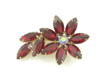 Vintage Red Rhinestone Flower Brooch, Red Marquise Rhinestone Floral Pin, Red Aurora Borealis Rhinestone Pin, Estate Jewelry,Vintage Jewelry