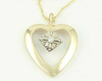 Vintage 14K Diamond Heart Pendant Necklace, 1970s Romantic 14K Diamond Heart Charm, 14K Gold Diamond Open Heart Pendant, Vintage Jewelry