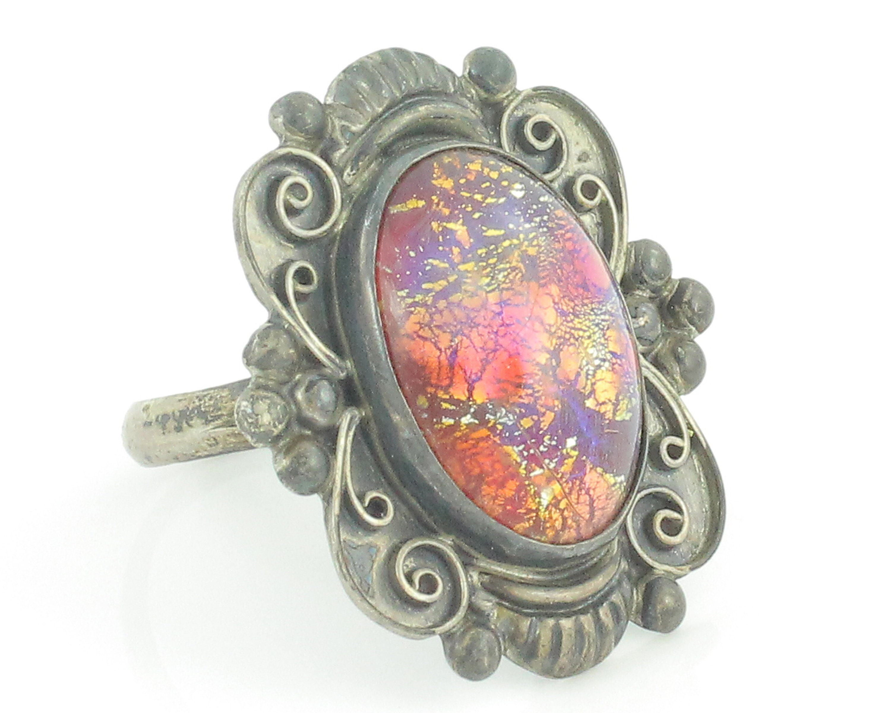 Mexican Sterling Foil Opal Glass Ring Scrolled Silver Ring Harlequin Art Glass Cabochon 1940s Pre Eagle Mark Vintage Fine Jewelry Mexican Sterling Foil Opal Glass Ring Scrolled Silver Ring Harlequin Art Glass Cabochon 1940s Pre Eagle Mark Vintage Fine Jewelry