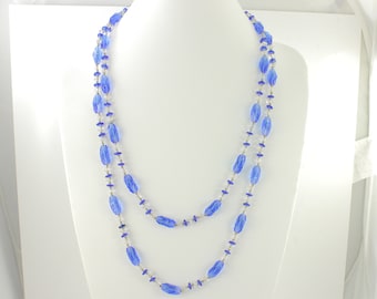 Vintage Royal Blue Glass Flapper Necklace, Roaring 20s Long Crystal Cobalt Blue Glass Beads, Pressed Cut Fancy Bead Necklace,Vintage Jewelry