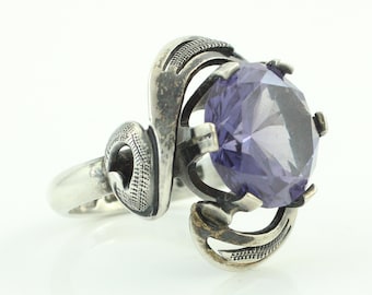Vintage Mexican Sterling Lab-Created Sapphire Ring, Taxco 925 Faux Alexandrite Swirl Ring, Glowy Mid Century Size 6.5 Ring, Vintage Jewelry