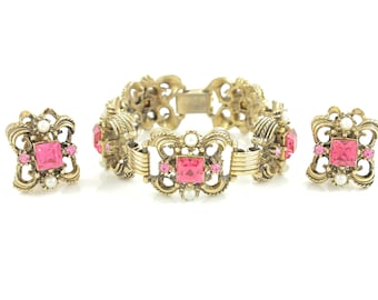 Victorian Revival Pink Rhinestone and Simulated Pearl Bracelet Clip On Earring Set in Gold Tone - circa 1950 - Vintage Costume Jewelry