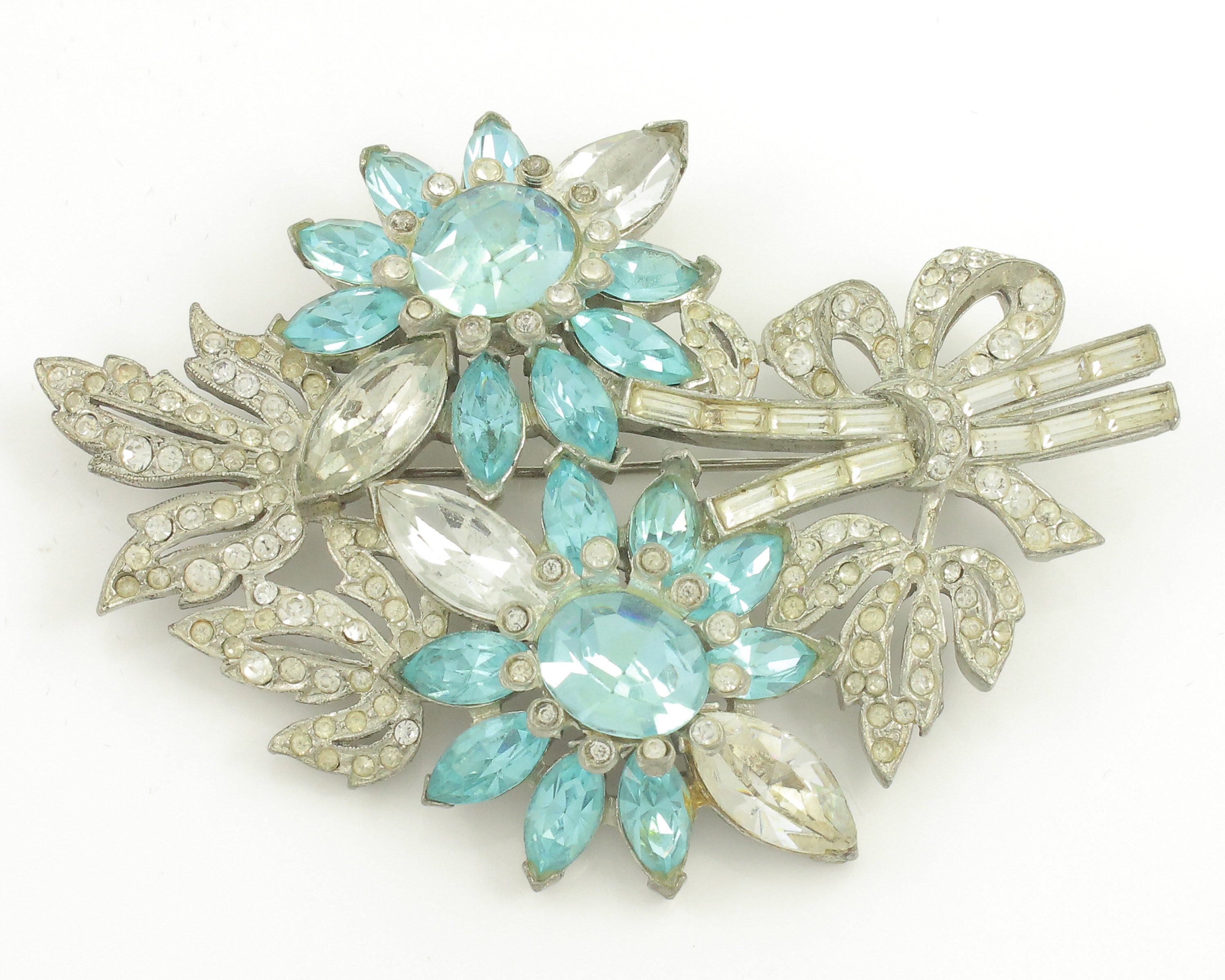 DeRosa Set of Two Aqua Rhinestones Flower Brooches with Clear Rhinestone Accents and Aqua and Cream Enamel Work