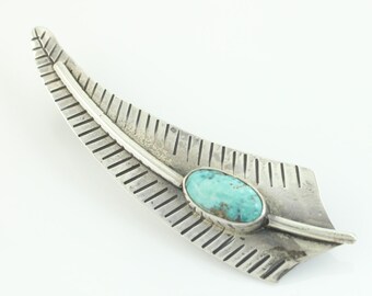 Vintage Southwestern Sterling Silver Turquoise Feather Brooch, Vintage Southwestern 925 Silver Turquoise Feather Pin EK Mark,Vintage Jewelry