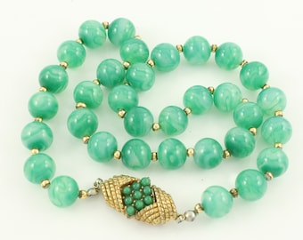 Vintage Joseph Mazer Green Glass Bead Necklace, 1960s Mazer Faux Jade Glass Bead 17.5 inch Necklace, Joseph Mazer Necklace, Vintage Jewelry