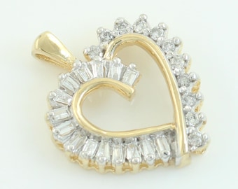 Vintage 10K .50 CT Round and Baguette Diamond Heart Pendant, 10K 1/2 Carat Diamond Open Heart Pendant, Vintage Heart For Her,Vintage Jewelry