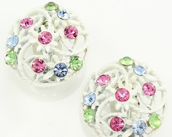 Vintage Pastel Rhinestone White Enamel Earrings, Vintage Pink Green Blue White Clip On Earrings, 50s Flower Rhinestone Clips,Vintage Jewelry