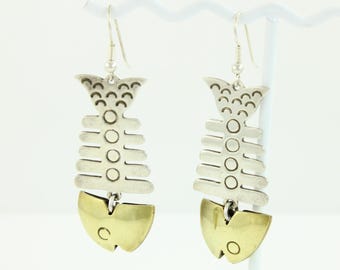 Vintage Mexico Sterling Brass Fish Dangle Earrings, Mexican 925 Silver Earrings, Large Silver Fish Earrings, Taxco Earrings, Vintage Jewelry
