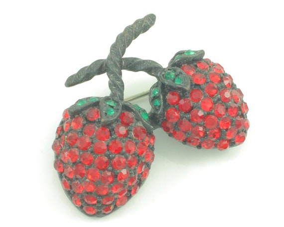 Weiss Red Rhinestone Double Strawberry Brooch, Vi… - image 2