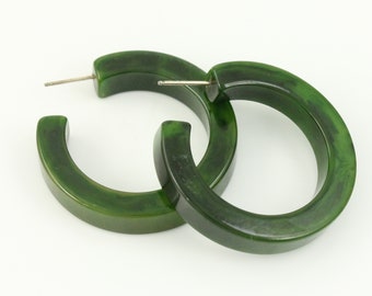 Vintage Dark Green Marbled Bakelite Hoop Earrings, 1940s Green Bakelite Pierced Hoops, WWII Era Bakelite Pierced Earrings, Vintage Jewelry