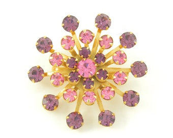 Vintage Pink Purple Rhinestone Starburst Brooch, Vintage Pink Purple Rhinestone Layered Brooch, 1960s Pink Purple Pin, Vintage Jewelry