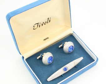 Vintage Swank Tivoli Royal Blue Rhinestone Silver Tone Cuff Link Tie Bar Set in Box, 1970s Cuff Link Tie Bar Set in Box , Vintage Jewelry