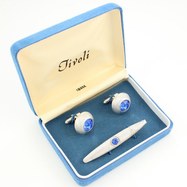 Vintage Swank Tivoli Royal Blue Rhinestone Silver Tone Cuff Link Tie Bar Set in Box, 1970s Cuff Link Tie Bar Set in Box , Vintage Jewelry