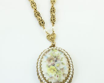 Vintage West German Hand Painted Floral Pendant Necklace, Vintage Western Germany Floral Faux Pearl Necklace, Vintage Jewelry