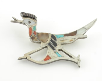 Vintage Inlaid Road Runner Brooch of Sterling Silver Turquoise Spiny Oyster Shell, Large Southwestern Road Runner Pin, Vintage Jewelry