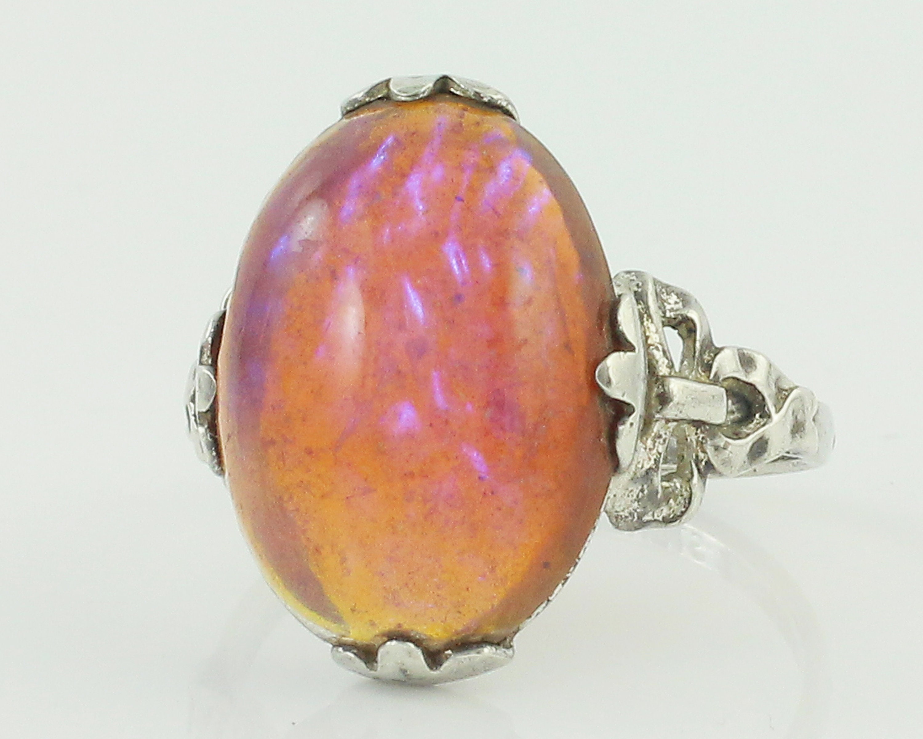 Silver Dragons Breath Ring Sterling Clark Coombs Faux Opal Glass Ring Vintage Jewelry