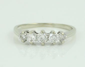 Vintage 14K White Gold .75 CT Diamond 5 Stone Band, 14K .75 CT Diamond Wedding Ring, 14K Diamond Anniversary Band Size 5.75, Vintage Jewelry