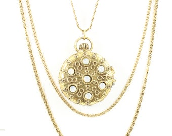 Vintage Goldette Opal Glass Locket Triple Chain Layered Necklace, Goldette Pocket Watch Case Locket Multi Strand Necklace, Vintage Jewelry