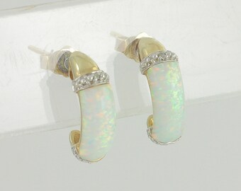Vintage 10K Lab Created Opal Heart Diamond J Hoop Earrings, Eighties 10K Lab Opal Pierced Earrings, October Birthstone Hoops,Vintage Jewelry