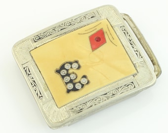 Vintage E Initial Silver Plate Celluloid Rhinestone Belt Buckle, 1940s Decorated Belt Buckle, Small Vintage Belt Buckle, Vintage Belt Buckle