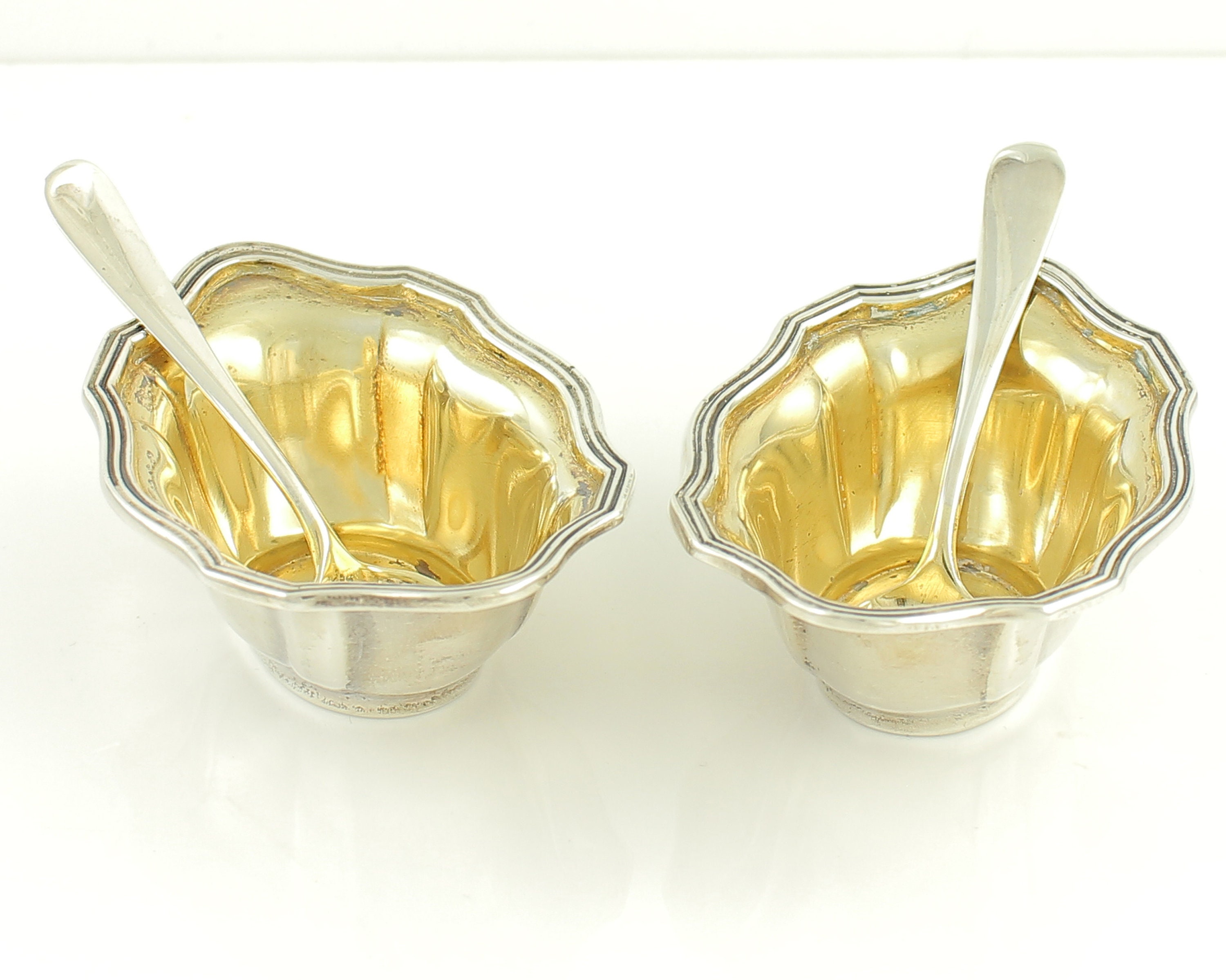 Pair Gorham Sterling Silver Master Salt Cellars Dips Spoons Gold