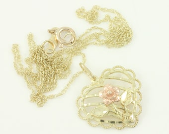 Vintage 10K Rose Heart Pendant Necklace, 1980s Yellow Rose Gold Floral Charm, 18 Inch Oro America Heart Necklace 10K, Vintage Fine Jewelry