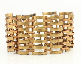 Vintage Copper Brass Gate Link Bracelet, Wide Copper Brass Gate Link Style Bracelet, BiColor Wide Brass Copper Bracelet, Vintage Jewelry