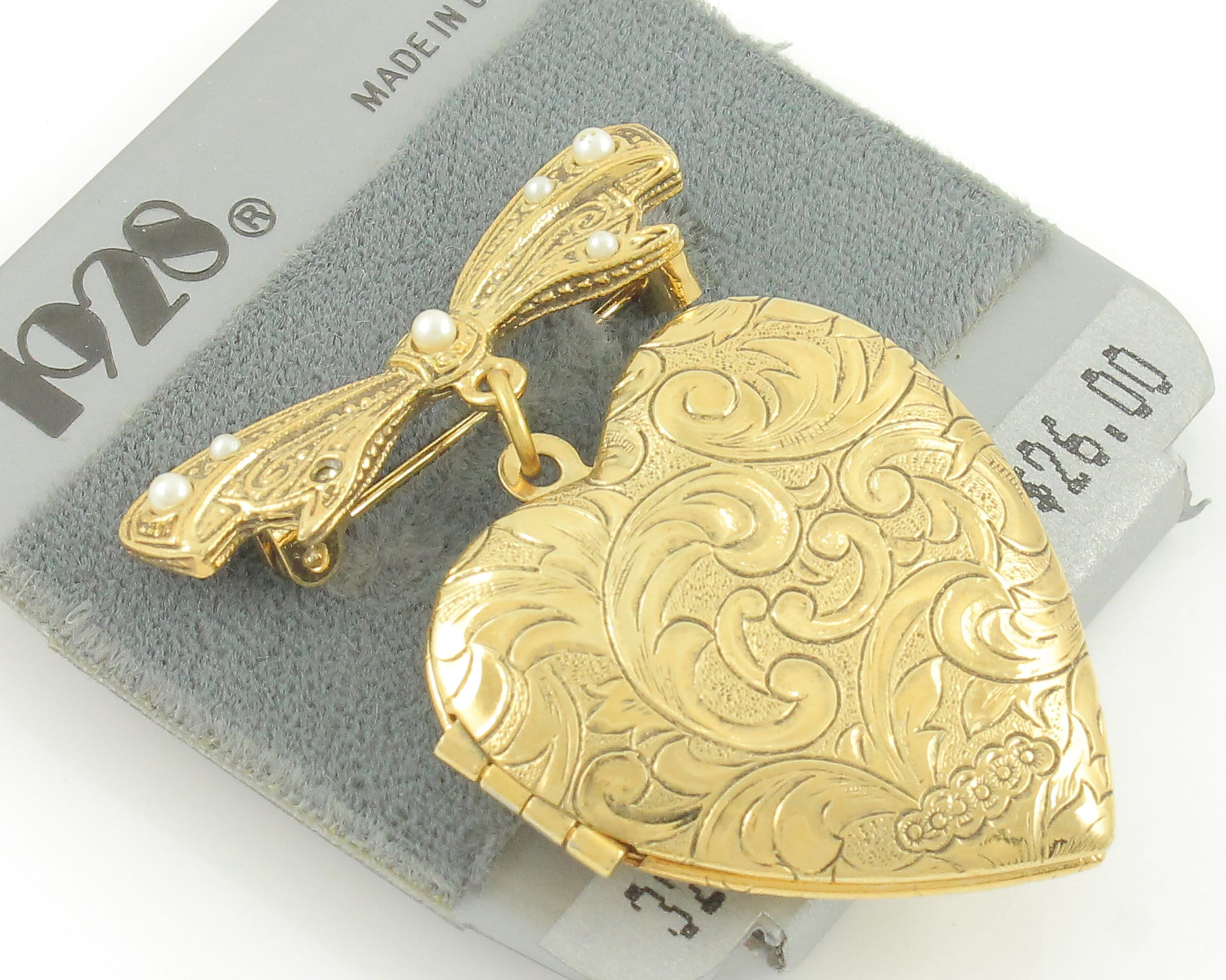 Vintage 1928 Jewelry Co. Heart Locket Brooch 1928 Brand Simulated
