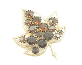 Vintage Brown Rhinestone Leaf Brooch, Vintage Modernist Brown Rhinestone Pin, Gold Tone Brown Rhinestone Pin, Vintage Jewelry