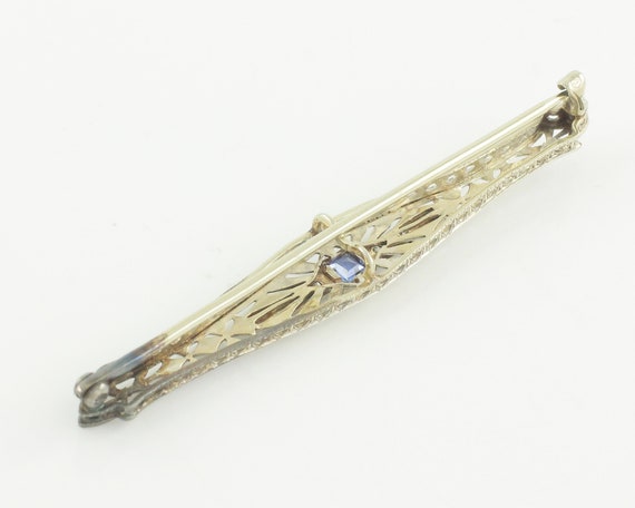 Edwardian 14K White Gold Filigree Bar Pin: Diamond and Lab-Created Sapphire Antique Brooch View 4