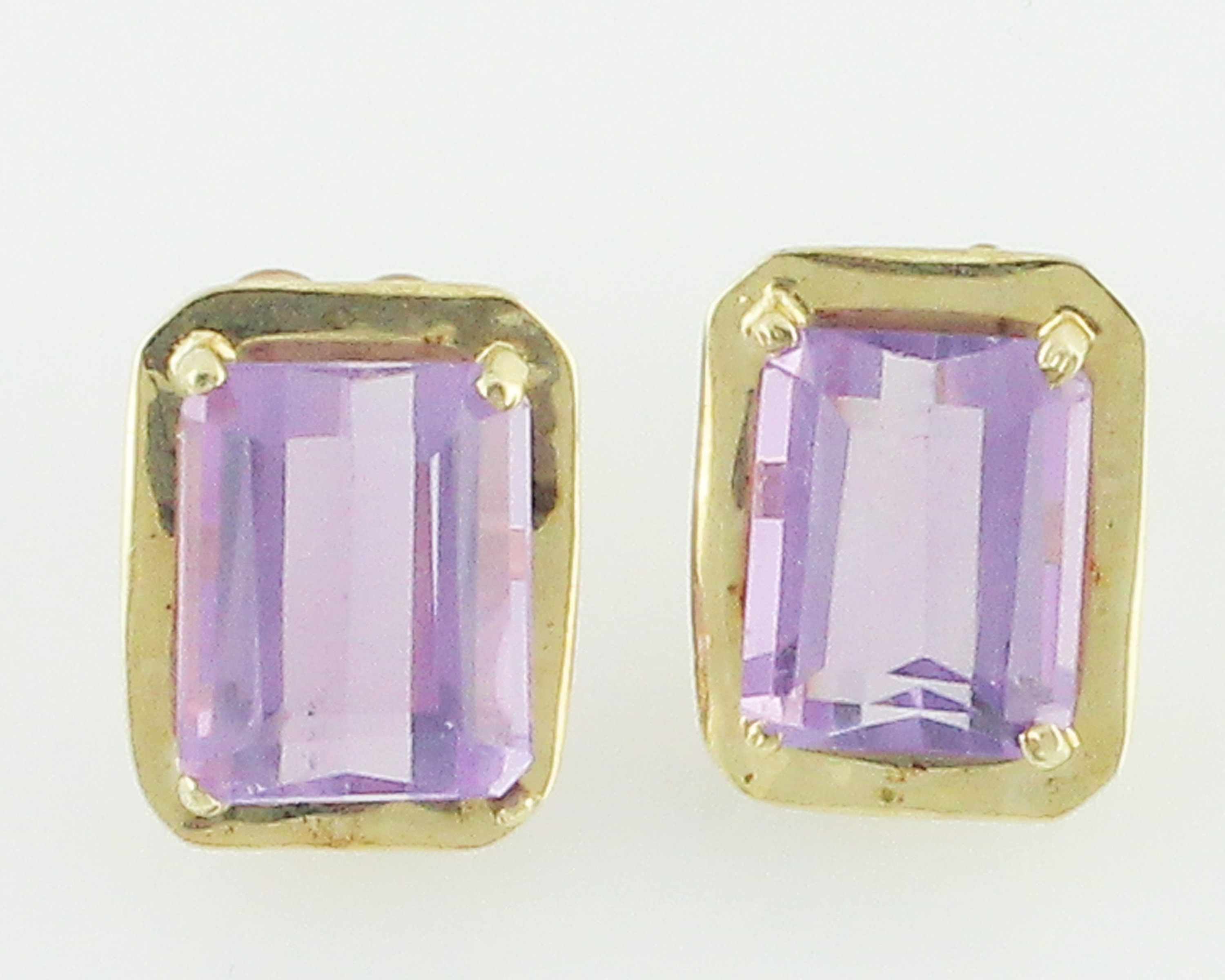 10K Gold Amethyst Earrings 6 CT Amethyst Eighties Rectangular Stud