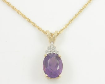 Vintage 2 CT Oval Amethyst Diamond Necklace, Amethyst 14K Gold Necklace, 14K Yellow Gold Diamond Oval Amethyst Pendant, Vintage Jewelry