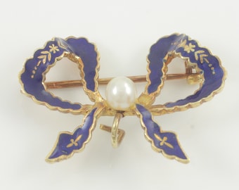 Vintage 18K Blue Enamel Pearl Bow Brooch, Antique 18K Enamel Cultured Pearl Watch Keeper Pin, Late Victorian Bow Brooch,  Vintage Jewelry