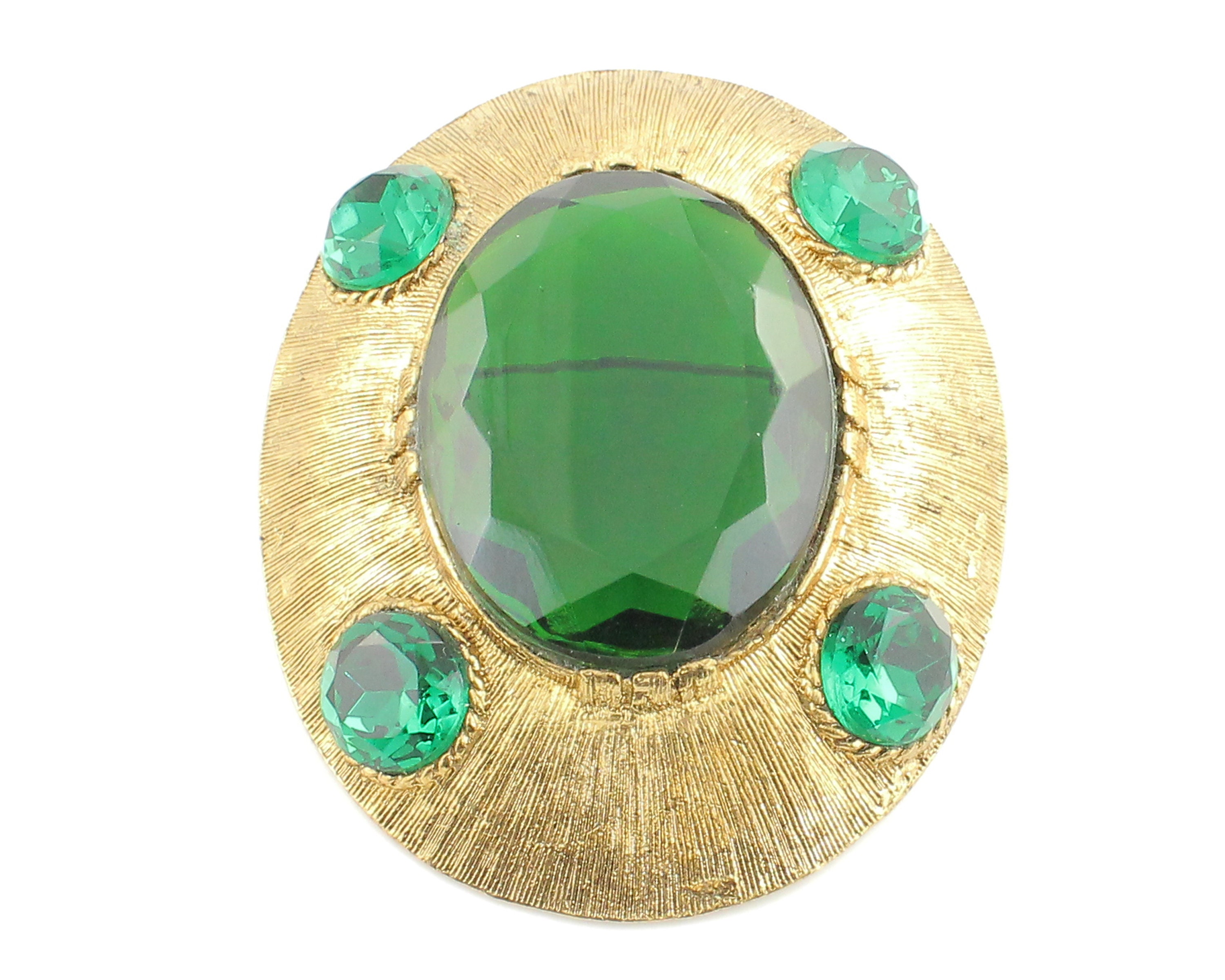 Vintage Bold Oval Emerald Green Glass Crystal Gold Tone Brooch - Mid ...