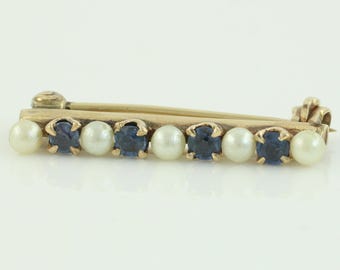 Edwardian 14K Sapphire Pearl Bar Pin, Antique Yellow Gold Sapphire Pearl Bar Pin, 14K Bar Pin 1.4 gram, Dainty Pin c1910, Vintage Jewelry