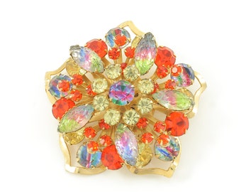 Vintage Iris Stone Orange Rhinestone Brooch, 1960s Layered Lava Rock Rhinestone Pin, Colorful Mid Century Rhinestone Pin, Vintage Jewelry