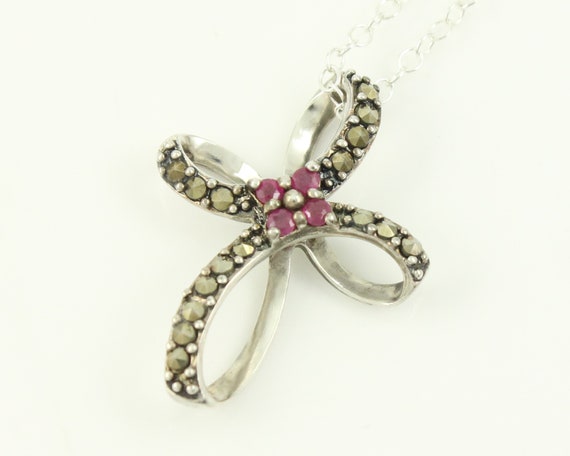 Vintage Ruby Marcasite Sterling Silver Cross Pend… - image 4