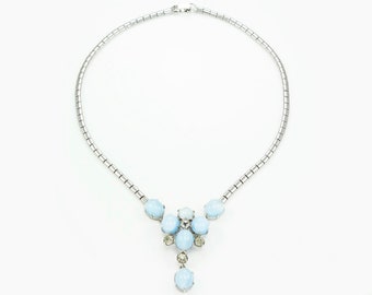 Leo Glass Baby Blue Blue Imitation Moonstone Silver Tone Mini Bib Necklace - Vintage Signed Costume Jewelry