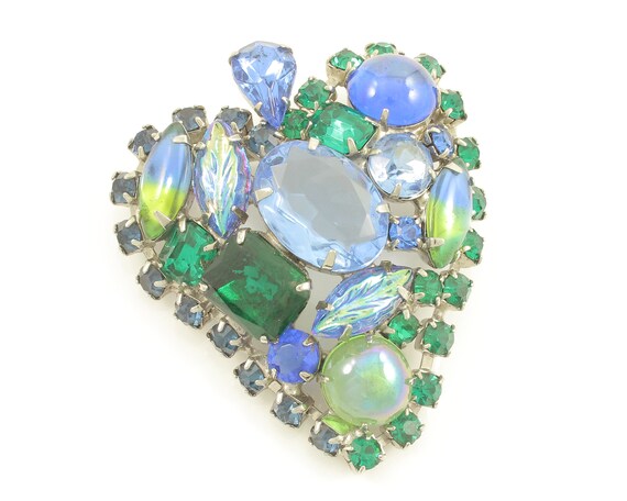 Vintage Blue Green Rhinestone Brooch, Vintage Blu… - image 2