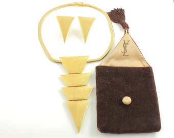 Vintage Yves Saint Laurent Bold Gold Tone Necklace Earring Set - Chunky Gold Triangle Hinged Pendant Tubogas 1980s YSL - Designer Jewelry