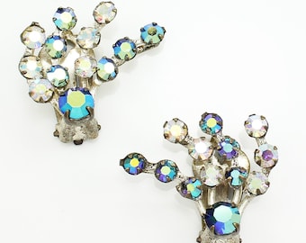 Vintage Made in Austria Crystal Earrings, Austrian Teal Blue Aurora Borealis Rhinestone Earrings, Vintage Blue Clip Ons, Vintage Jewelry
