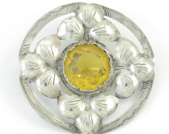 Antique 830 Silver Faux Citrine Brooch, European 830 Silver Yellow Paste Flower Brooch, Large 830S Silver Pin c1900, Vintage Jewelry